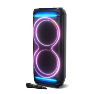 dolphin bluetooth party speaker – dual 15" woofers, 100w rms, deep bass, high volume, x bass, tws, led light show, rechargeable battery, karaoke mic included, partybox
